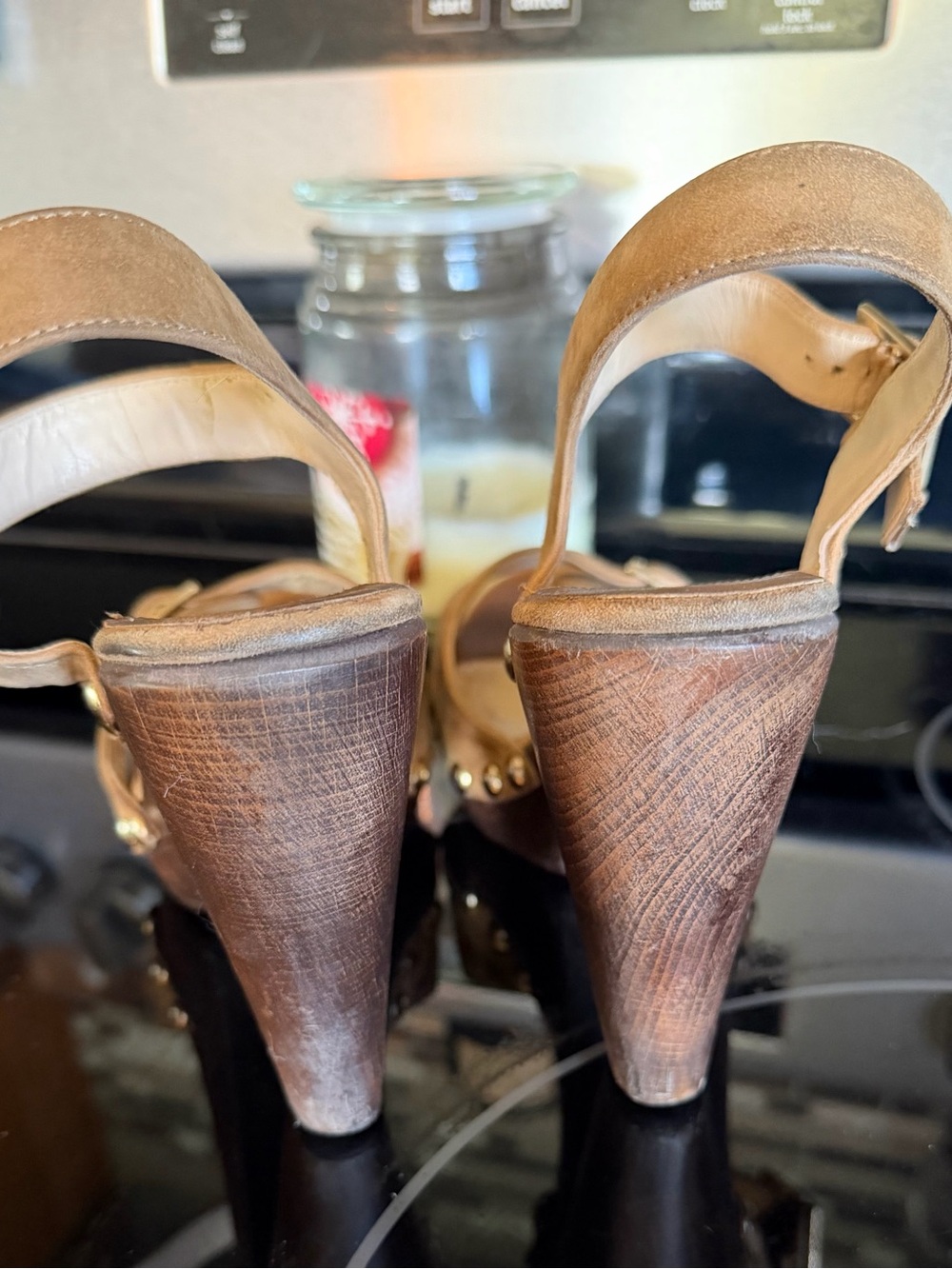 Jimmy Choo Tan Suede Buckle Platform Wooden Sandals - Picture 5 of 6